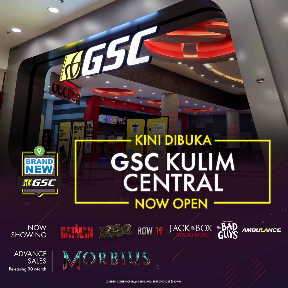 GSCinemas's tweet photo. Kulim, here we come! GSC Kulim Central KINI DIBUKA! Dapatkan tiket korang secara online atau walk-in! 🍿

We'll see you guys soon for an awesome movie experience! Stay tuned for the opening promo! 👀 #BacktoGSC https://t.co/SCMh6IPDA5