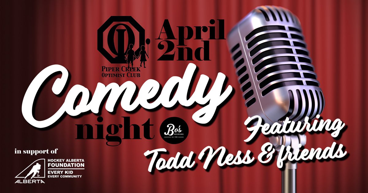 Comedy Night at <a href="/BosBarRD/">BOS BAR AND STAGE</a> is almost here! 

Join us Saturday for a night of laughs for a great cause, featuring comedian Todd Ness &amp; special guests… with proceeds going to the <a href="/HockeyABFdn/">Hockey AB Foundation</a>’s #EveryKidEveryCommunity program!

TICKETS ➡️ bit.ly/3uAVEDP