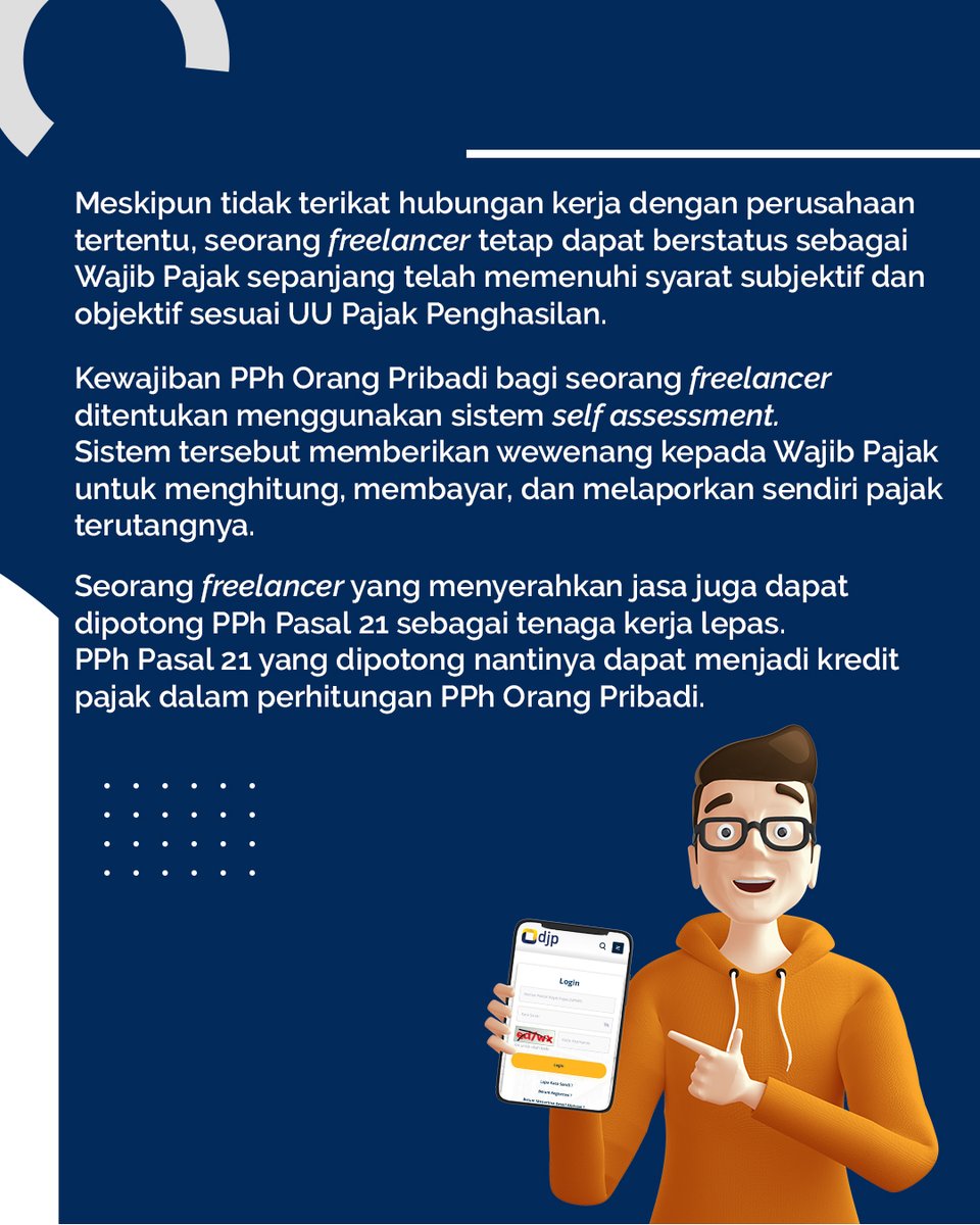 redaksi_ortax's tweet photo. “Saya seorang freelancer, harus bayar pajak juga?”
Sebagai freelancer yang notabene-nya tidak terikat waktu, memiliki jam kerja yang fleksibel, tidak terikat dengan suatu perusahaan, apakah diwajibkan membayar pajak? Jika iya, bagaimana perhitungannya?
#Ortax #TaxLearning https://t.co/WfKroQiy0h