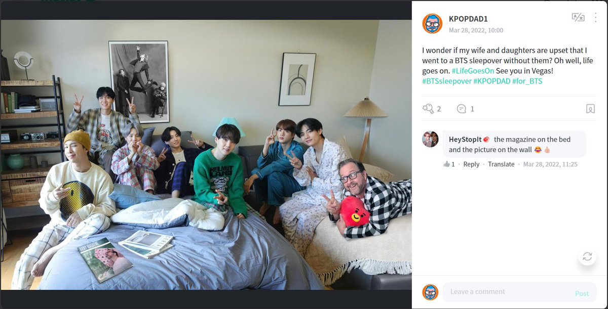 KpopDAD1's tweet photo. @BTS_twt On Weverse too, using hashtags #LifeGoesOn #BTSsleepover #KPOPDAD #for_BTS https://t.co/5Fv1uIDbHb