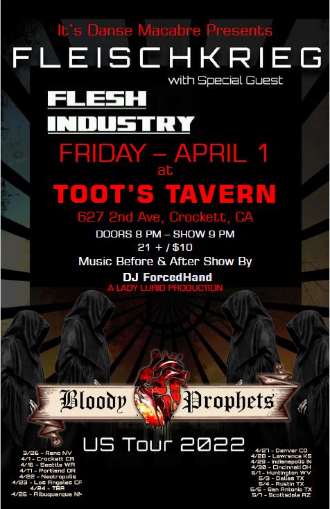 ItsDanseMacabre's tweet photo. Catch the only North Cal @FleischKrieg performance on their Bloody Prophets US Tour 2022 this Friday April 1st!!! #industrial #industrialmetal #cyberpunk #goth #nugoth #ebm #darkelectro #martialindustrial #darkmusic #nudamusic #livingdeaddrummer #brutalwave #livemusic https://t.co/L5GQ27xKiU