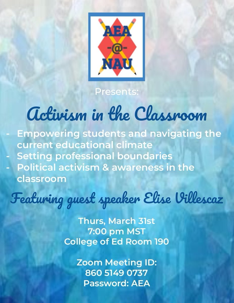 aeanau's tweet photo. Join us this Thursday at 7pm in person or on zoom to hear from guest speaker @elise_villescaz as she talks about activism in the classroom! https://t.co/LtyR1OW8HK