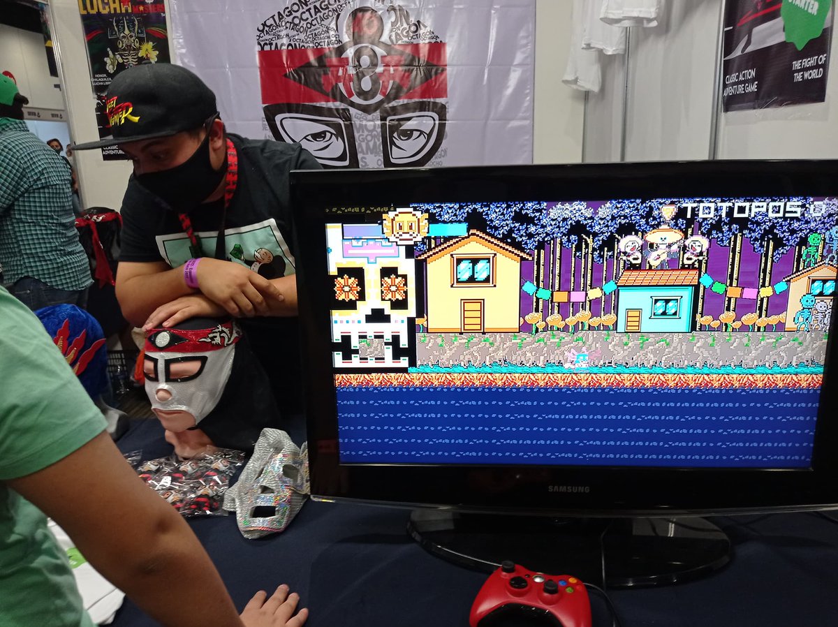 DemonEyeGamez_'s tweet photo. #LuchaMasters Es un #videojuegomexicano que tuve el placer de conocer y jugar en #lamole2022 
Tiene una estética increíble basada en el folklore mexicano muy bien ejecutado por medio del #pixelart de sus escenario y enemigos (adoro el tiburón esqueleto). https://t.co/pBp0uDOaid