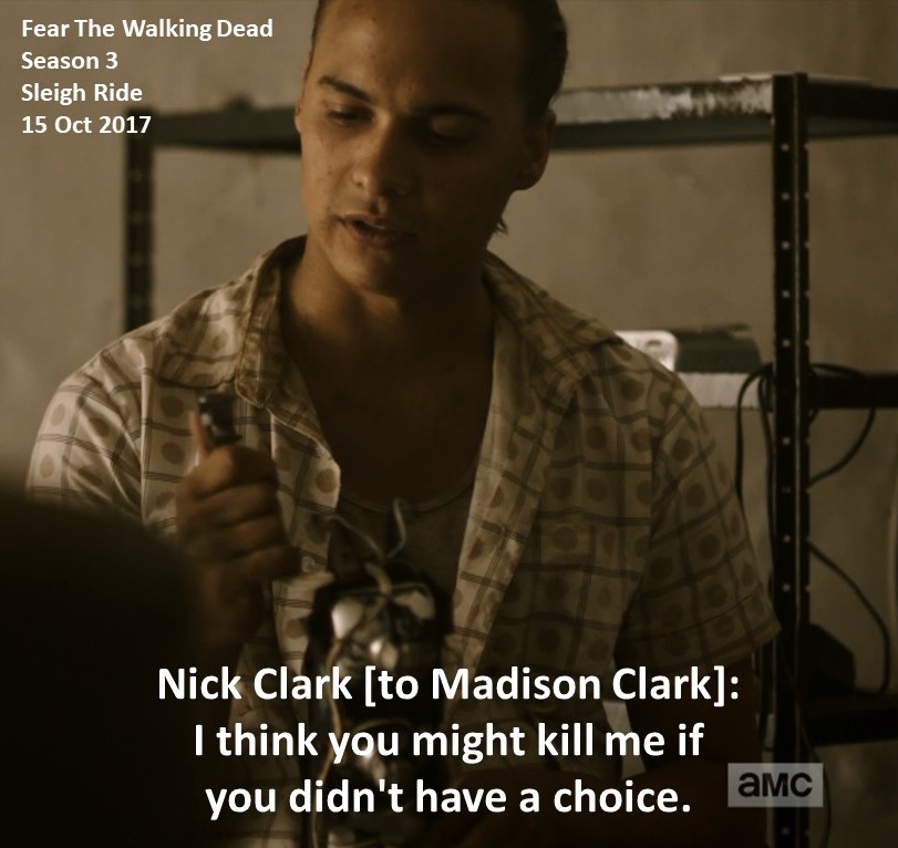 DoctorDoubleTap's tweet photo. Nick Clark [to Madison Clark]: I think you might kill me if you didn't have a choice.

#FearTheWalkingDead
Season 3
Sleigh Ride
15 October 2017
#FearTWD, #FTWD
Heroin Addict
El Sereno, California
Fall of Los Angeles, Border Ambush &amp; Broke Jaw Ranch Survivor
Frank Dillane https://t.co/EUAx5W0ooG