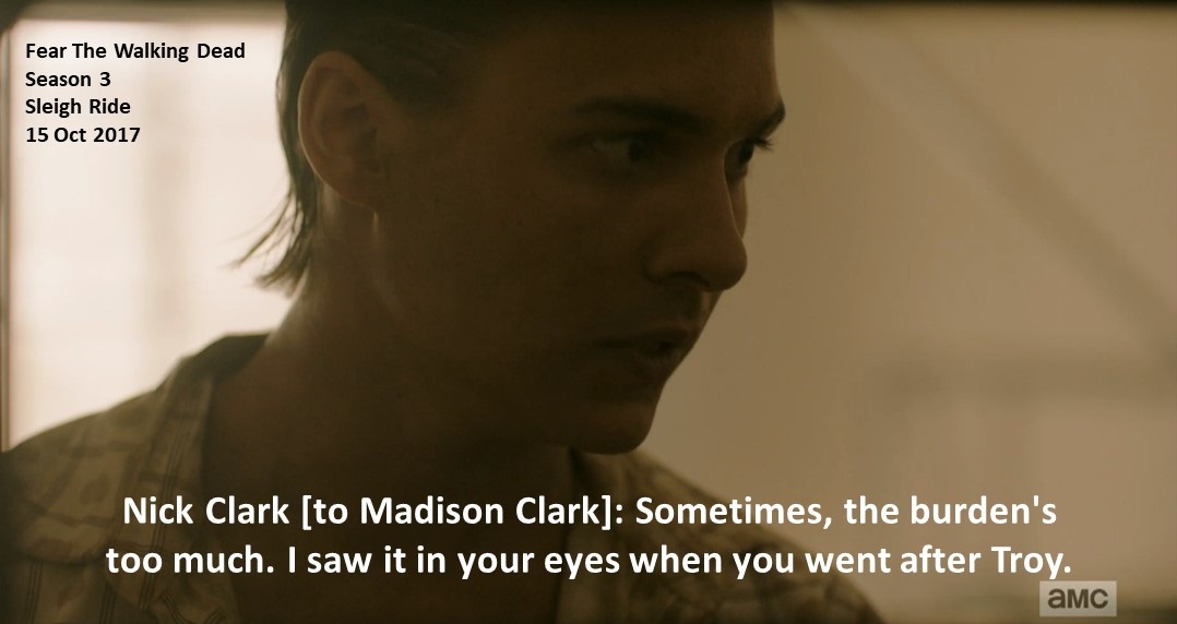 DoctorDoubleTap's tweet photo. Nick Clark: Sometimes, the burden's too much. I saw it in your eyes when you went after Troy.

#FearTheWalkingDead
Season 3
Sleigh Ride
15 Oct 2017
#FearTWD, #FTWD
Heroin Addict
El Sereno, California
Fall of L.A., Border Ambush &amp; Broke Jaw Ranch Survivor
Team Clark
Frank Dillane https://t.co/FtNtBQvqb8
