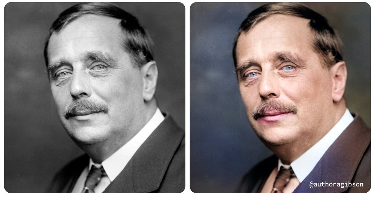 authoragibson's tweet photo. Classic #sciencefiction author H.G. Wells, in another of what now appears to be an ongoing mission to add colour to ancient photographs using the crazy AI power of Neural Filters in #photoshop. https://t.co/s01g8FZxvC