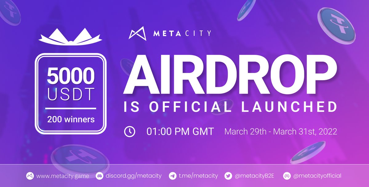 #Metacity's 2nd #airdrop is live now!
💰 5000 USDT for 200 winners
⏱️ From 1:00 PM (GMT+00), March 29th - April 5th
🛑Join us now: gleam.io/68BgW/metacity… 
 
#BuildToEarn $METI