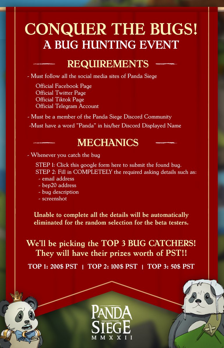 PandaSiegeNFT's tweet photo. ‼️ Our bug hunting event is still going on 'til Wednesday‼️ 

For all the beta testers! Keep your minds and eyes focused on hunting it! 
For those who still wanted to join the beta testing, just comply with the requirements below and hit our inbox! https://t.co/cCk1YsV9Rk