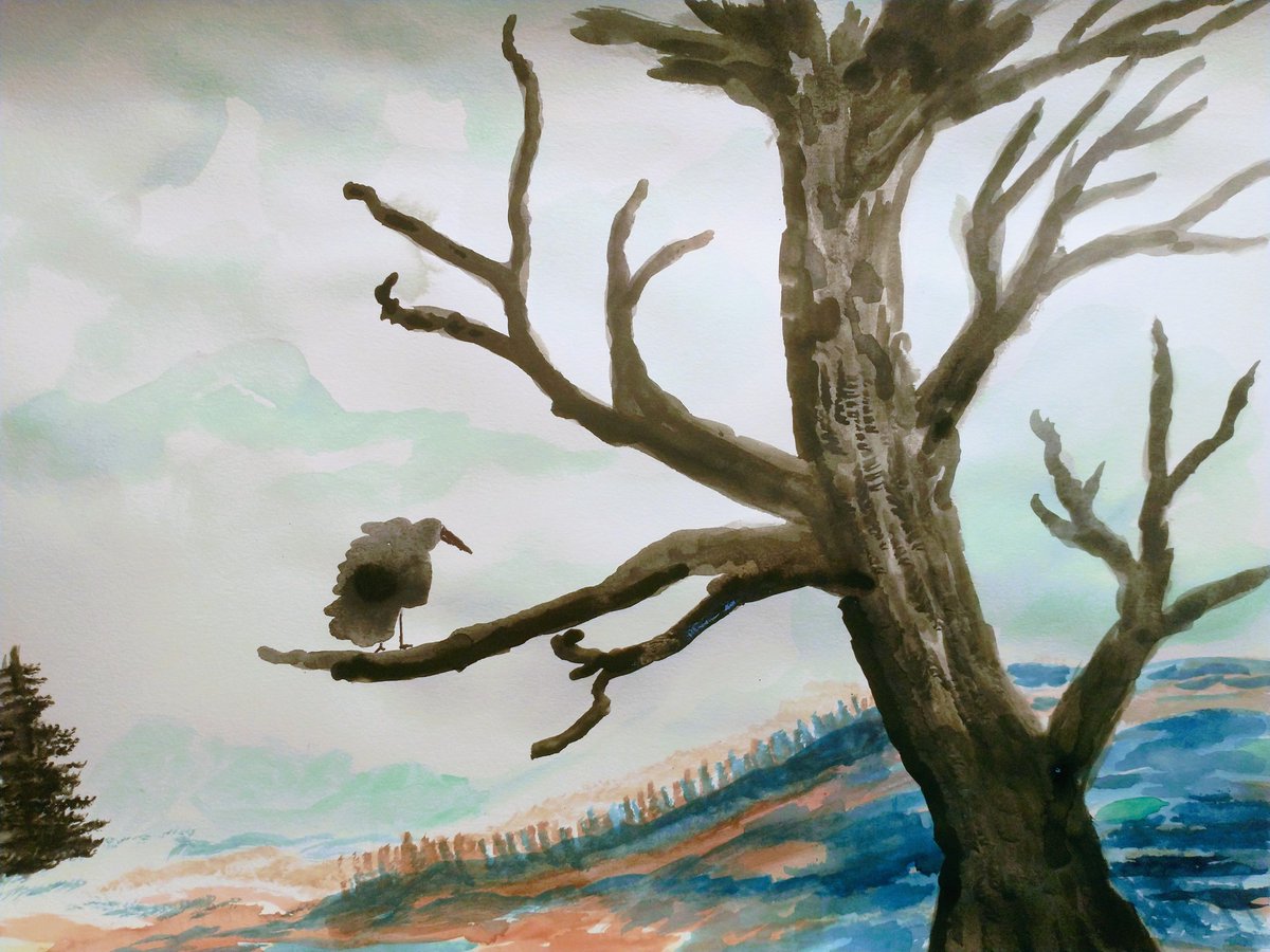 Desachroma's tweet photo. Chronic pain is hard. If you are going through it as well, I am sending you a mental hug. #watercolor #tree #vulture #painting #art #artist https://t.co/3EuUedEOYQ