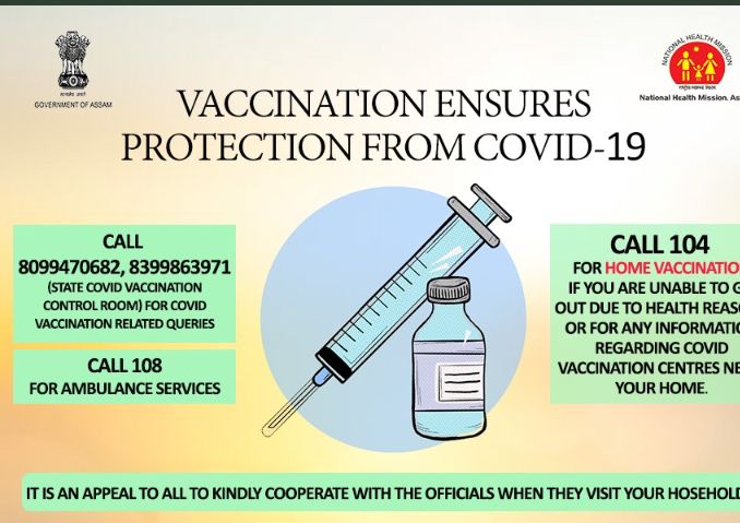 104Assam's tweet photo. Vaccination ensures protection from COVID-19. Call 104 for home vaccination, if you are unable to go out due to health reasons or for any information regarding COVID vaccination centres near your home. #assamfightscorona 
#NHMAssam https://t.co/9UOw4aR948