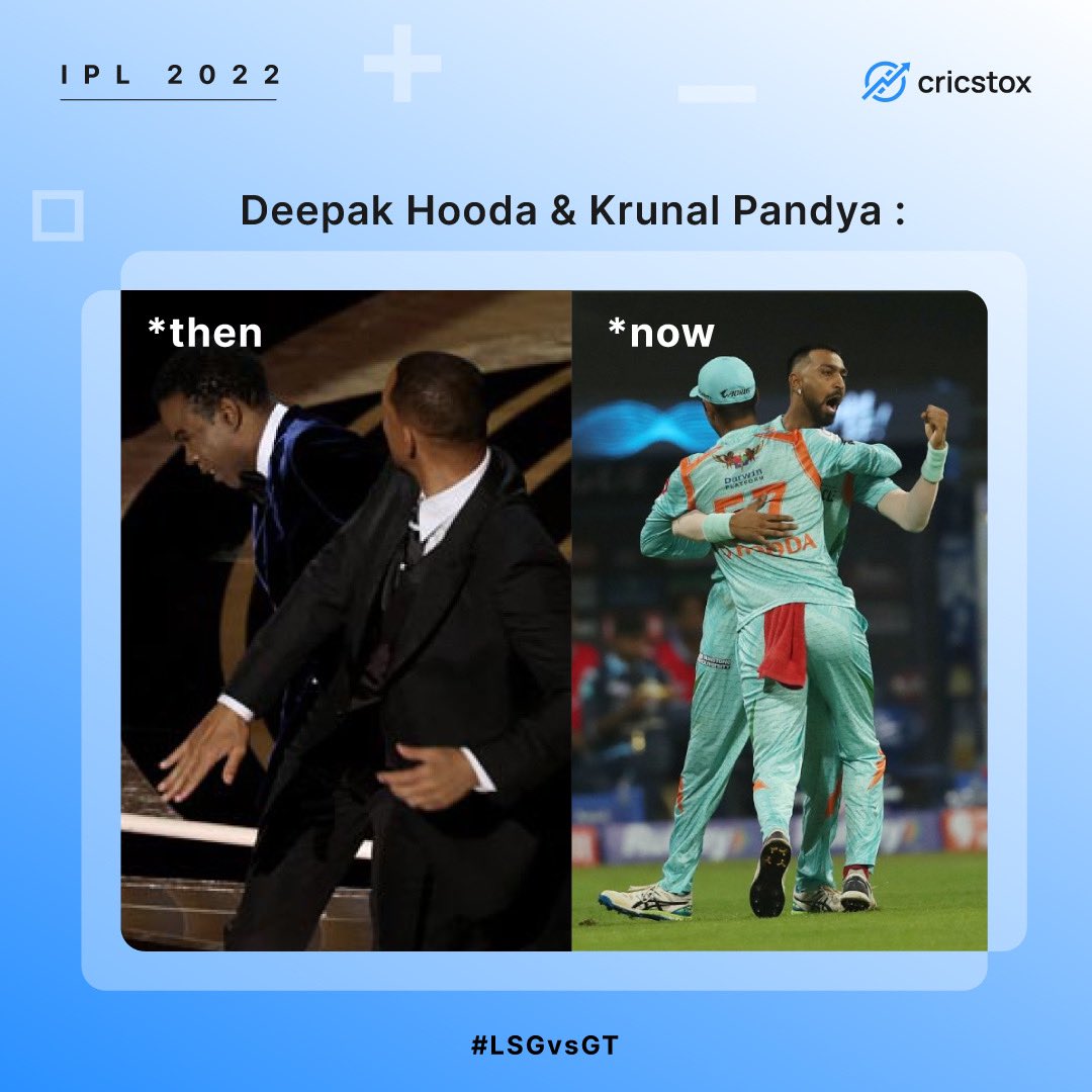 CricStox's tweet photo. Bringing people closer since 2008. The Indian Premier League. 😇

@IPL @HoodaOnFire @krunalpandya24 #TATAIPL @LucknowIPL #CricketTwitter #Memes https://t.co/WC4sxc7Lg8