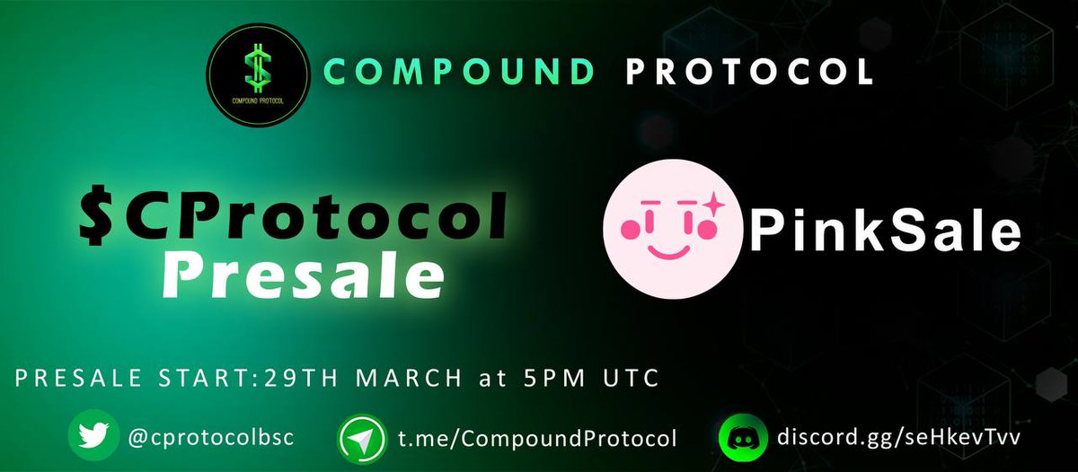 CProtocolbsc's tweet image. Get ready for our Pre sale it goes live today!
Join our fast growing community 🔥
Tg: t.me/CompoundProtoc…
Discord: discord.gg/seHukevTvv