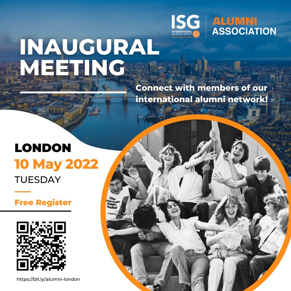 ISGDistrict's tweet photo. The ISG Alumni Association will have its inaugural in-person event in London on May 10, 2022. To register, please follow the link https://t.co/TBV3QEx3px.
#isg #sais #alumni #isgalumni #alumniassociation #alumnimeeting #dhahranacademy #jubailacademy #rahimaacademy #isgcommunity https://t.co/9kr1GgCbqX