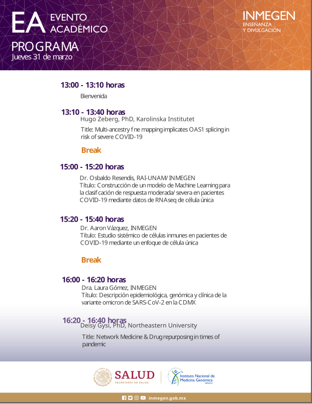 gdeandajauregui's tweet photo. Es mañana! La II Semana de la Biología Computacional @INMEGEN , con unas presentaciones de lujo: @ange_cibrian @systmedicine @yalbi_ibm @lawrah20 @GysiDeisy @MiriamJBravo1 @AleMedinaRivera @Maribel24221931 y más...
No olviden registrarse: https://t.co/Znl8raGH6v
#CompBioFest https://t.co/bpAyz3Ts5v