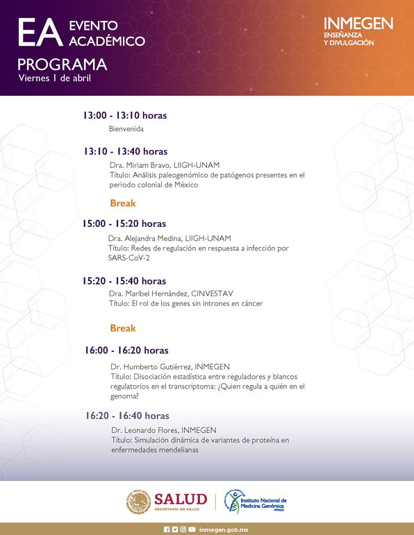 gdeandajauregui's tweet photo. Es mañana! La II Semana de la Biología Computacional @INMEGEN , con unas presentaciones de lujo: @ange_cibrian @systmedicine @yalbi_ibm @lawrah20 @GysiDeisy @MiriamJBravo1 @AleMedinaRivera @Maribel24221931 y más...
No olviden registrarse: https://t.co/Znl8raGH6v
#CompBioFest https://t.co/bpAyz3Ts5v