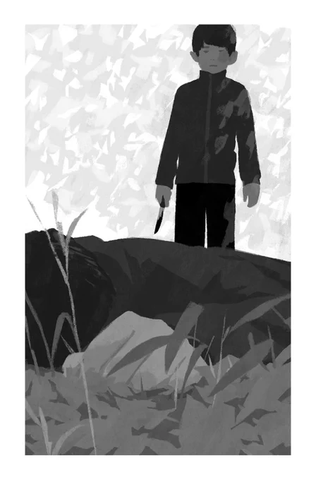 ちなみに今回の絵は、最初に顔を見ていただきまして、次に「あ、ナイフ」、最後に「あ、人が倒れてる」と順番で気づくように描いたつもりです。
あと光の爽やかな感じで、重い状況をより強調するという作戦もございました。非常に野暮ですが補足でした。 