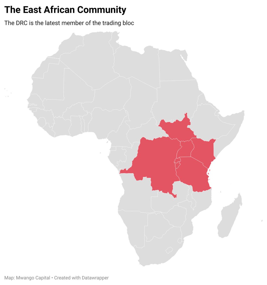 MwangoCapital's tweet photo. The DRC is now officially part of the East African Community as of today! 🍾🎊 👏 💐 

The country becomes the 7th member of the trading bloc. 

The other members are Burundi, Kenya, Rwanda, South Sudan, Tanzania &amp; Uganda. 

Karibuni! https://t.co/fNTvXtQjZ6