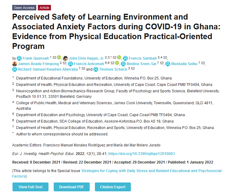 EJIHPE_MDPI's tweet photo. Welcome to read๐"#PerceivedSafety of #LearningEnvironment and #AssociatedAnxietyFactors during #COVID19 in Ghana: Evidence from #PhysicalEducation #PracticalOrientedProgram" by F. Quansah et al.: https://t.co/4GZO9jryrY
#PEstudents #COVID19relatedanxiety #COVID19information https://t.co/NJ79bgxWa6