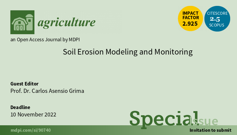 AgricultureMdpi's tweet photo. 📢The deadline of the #specialissue "Soil Erosion Modeling and Monitoring" has been extended by 10 November 2022!

Welcome to contribute to this issue. Read more about it here: https://t.co/ZMeT0l9NlN

#modelling #soil #crusts #openaccess #academicpublishing  @ualmeria https://t.co/kUjVovMKI6