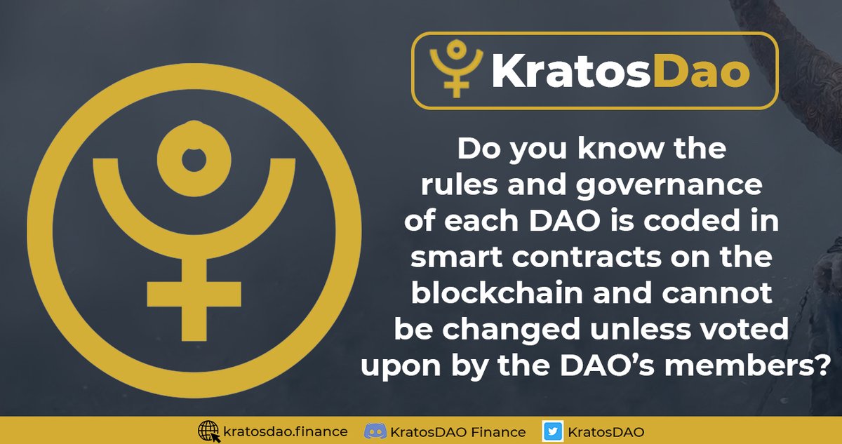 Do you know the rules and governance of each DAO is coded in smart contracts on the blockchain and cannot be changed unless voted upon by the DAO’s members?  <a href="/optimismPBC/">(Deprecated) Optimism ✨🔴✨</a>
#KratosDAO #DAO #Kratos