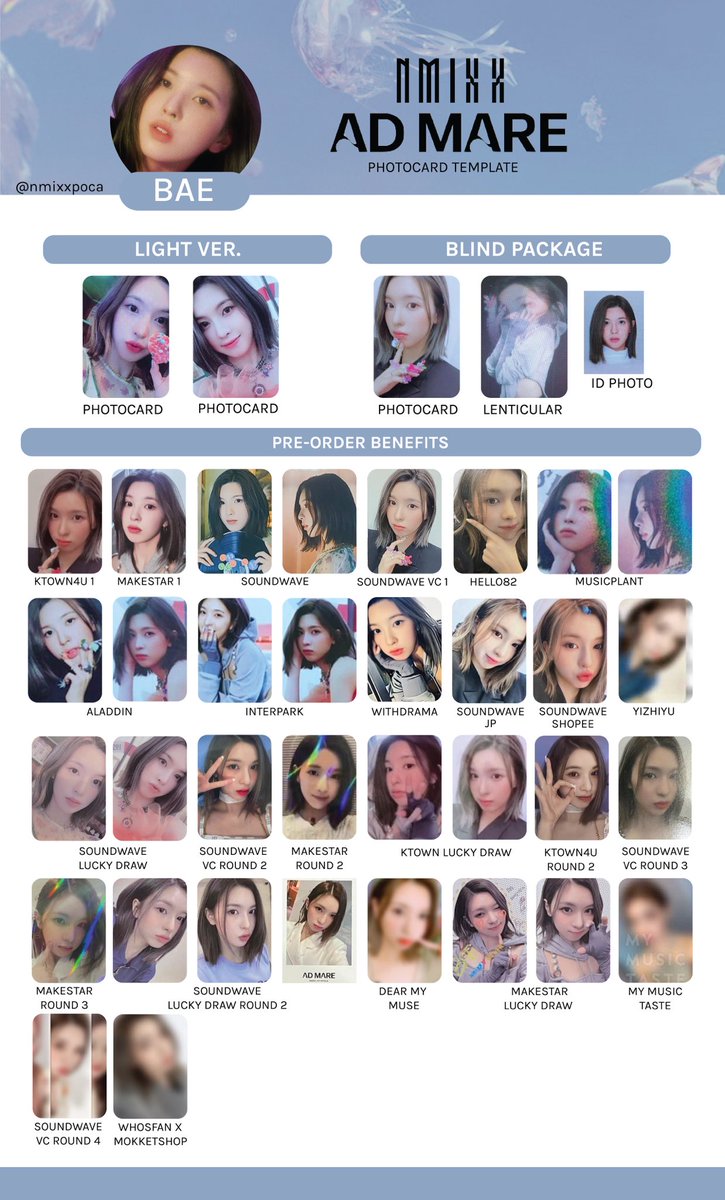 nmixxpoca's tweet photo. [UPDATE]

NMIXX PHOTOCARD TEMPLATE / NMIXX PC TEMPLATE / 엔믹스 포토카드 리스트 / 엔믹스 포카 리스트
UPDATED: 29/03/2022

updated
✅ lucky draw makestar pc, soundwave round 4 preview, whosfan x mokketshop preview

♡ bae
♡ jiwoo
♡ kyujin

#NMIXX #엔믹스 https://t.co/S5zcN4WYYz