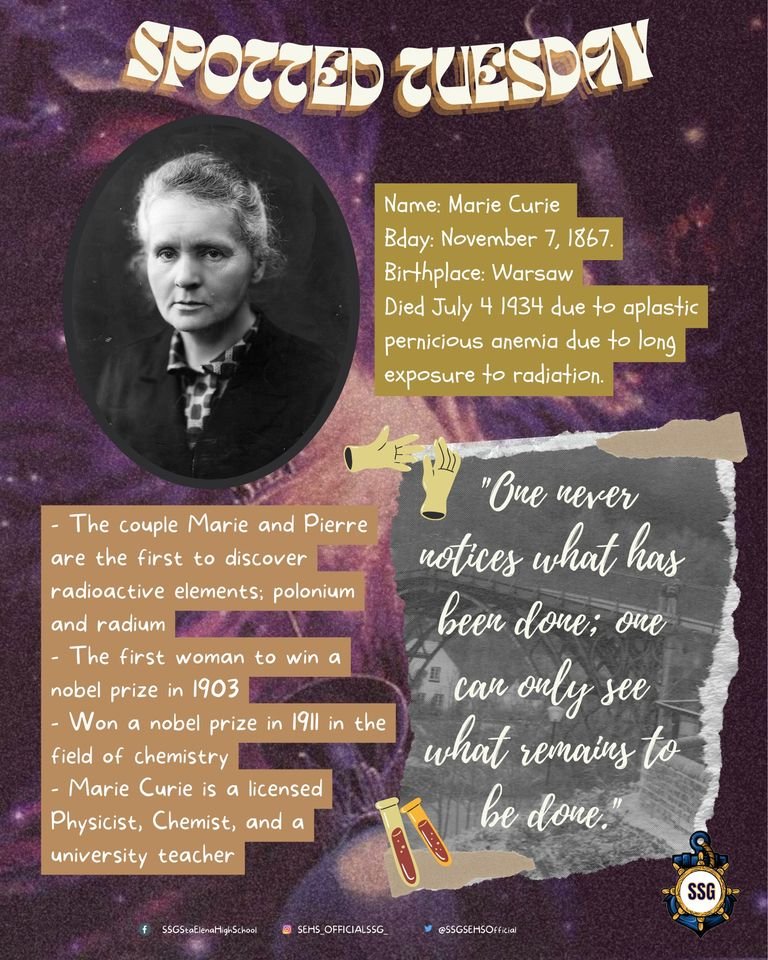 SSLGSEHS's tweet photo. Since women’s month is ending, here’s a tribute to one of the greatest women scientists of all time, Marie Curie!
#SpottedTuesday #SSGSEHS https://t.co/cyqtH7lq2j