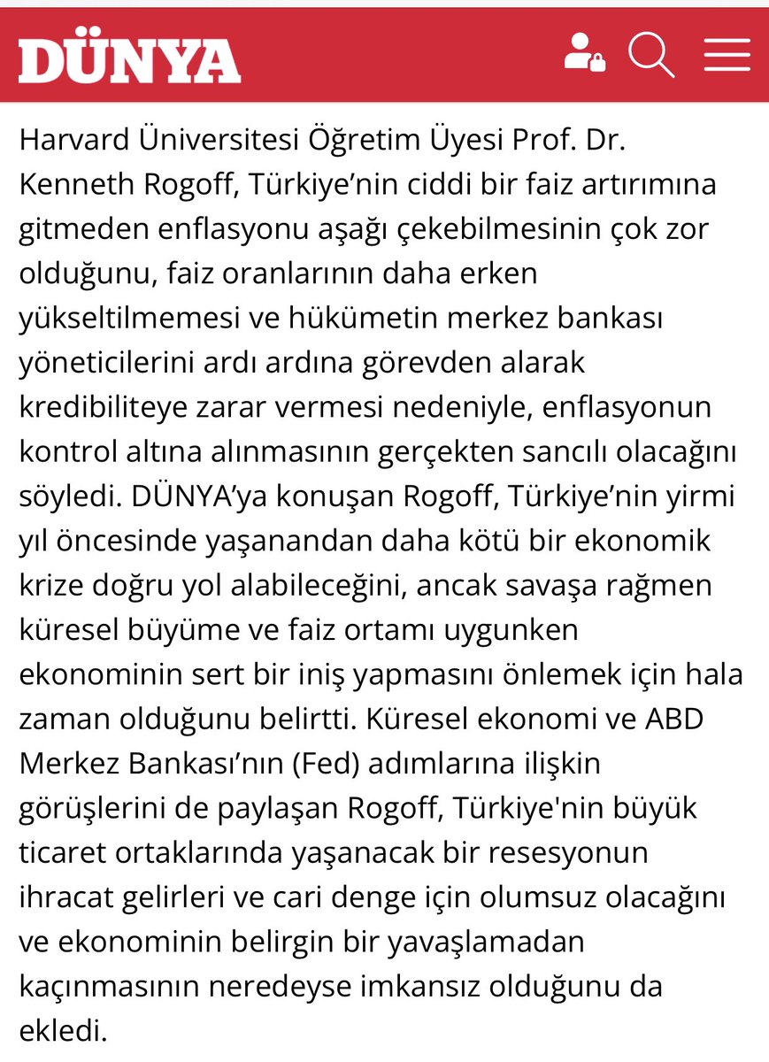 Kenneth Rogoff (2022):
“Türkiye’de ciddi faiz artışı olmadan enflasyon düşmez.”
dunya.com/ekonomi/turkiy…

#TürkiyeEkonomisi #Enflasyon #TCMB #ParaPolitikası #PolitikaFaizi #Kredibilite