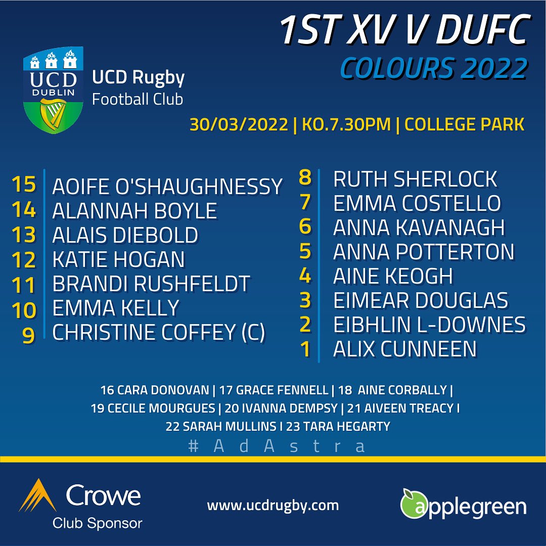 UCDWomensRFC's tweet photo. 🔥 TEAM NEWS 🔥 T- 1 Day 🥵 #Colours ..Tomorrow the girls will battle it out in College Park with old rivals @trinitywomensrugby and hope to retain the colours cup - KO. 7.30pm #AdAstra https://t.co/wWryifJ6N8
