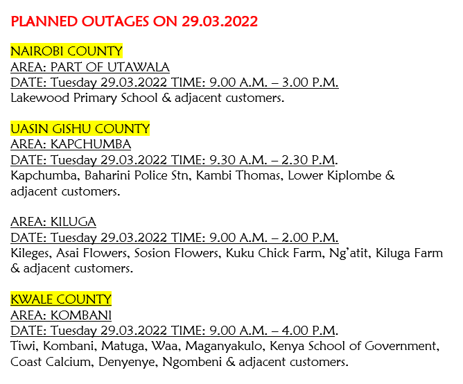 KenyaPower_Care's tweet photo. Good morning, These areas will be affected by scheduled power interruptions today: ^BT https://t.co/9vxuuBU2m4
