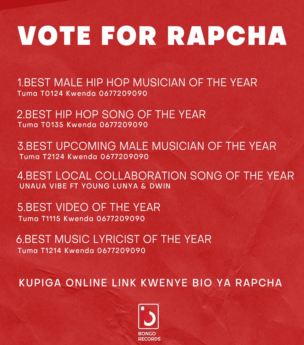 bongorecordsltd's tweet photo. Vote For Rapcha In Six Categories
#bongorecords https://t.co/nzHLoScs8C