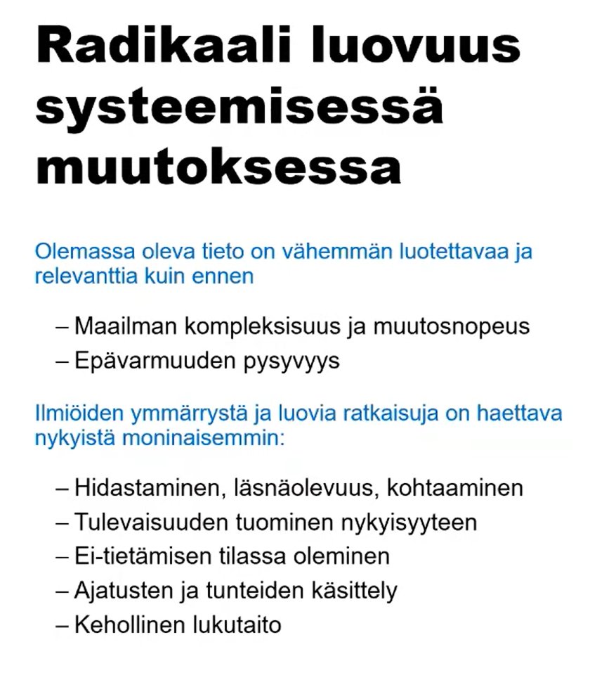satu_meriluoto's tweet image. #sitralab #heräämö ssä tänään @MJoutsenvirta. Innostava esitys siitä, miten luodaan systeemistä muutoskyvykkyyttä! 👌Avainsanat #luovuudenjohtaminen #toimintakulttuuri
#transformatiivinenoppiminen