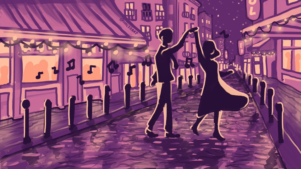 halzzart's tweet photo. ‘Waltzing in the street’ illustration done on Procreate! 💜🎵✨
.
.
#fantasy #LALALAND #waltz #Paris #salsa #illustration #lights #digitalart #magical #artist #sketch #purple https://t.co/wUNZ9QLCgy