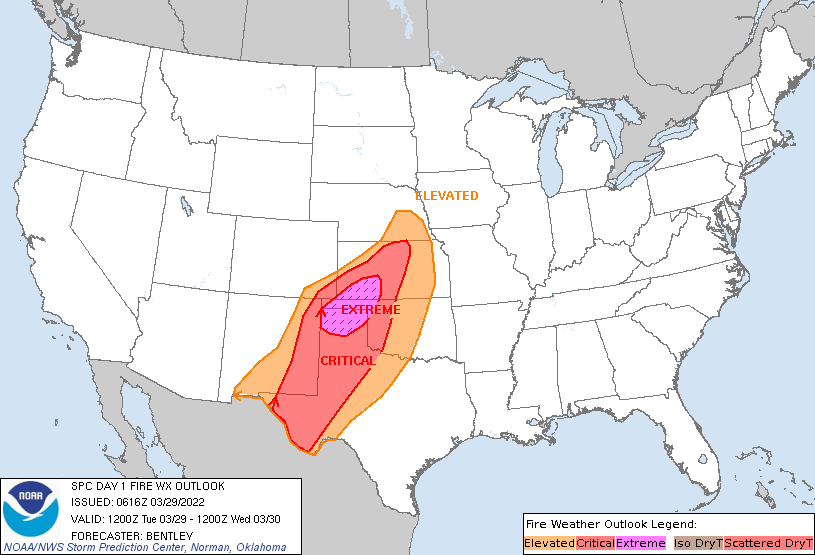 NWSSPC's tweet photo. 1:18am CDT #SPC Day1 #FireWX Extremely Critical: the northern texas panhandle into southwest kansas https://t.co/OIGmMBh3Nz https://t.co/WSPqhY1TCv