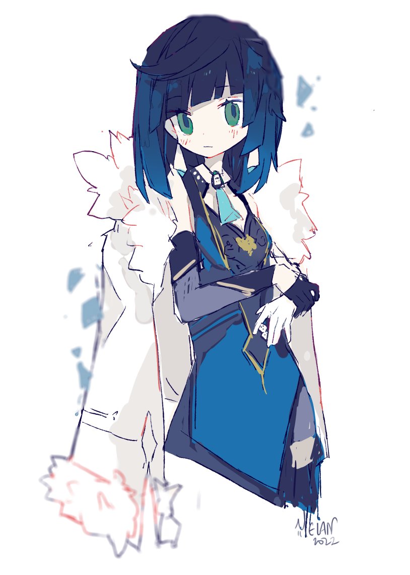 yelan (genshin impact) 1girl solo white background bangs blue hair gloves green eyes  illustration images