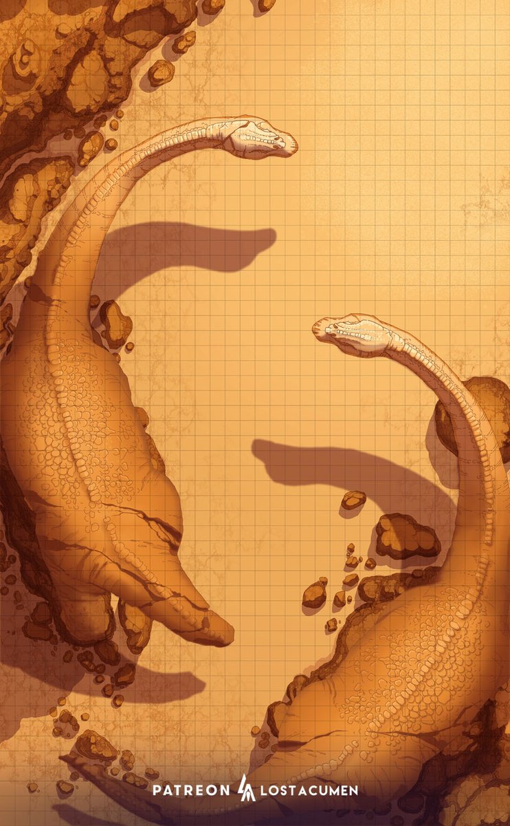 Hot winds blow across the open waste, and huge Long Neck statues guard the path into the mountains. Is your journey at its end? Or it's beginning?

#dnd #dndart #dndmap #ttrpgcommunity #dinosaurs