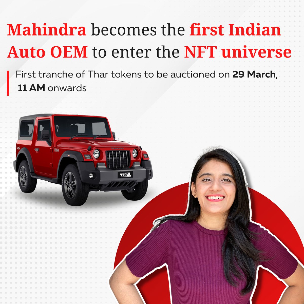 nehanagarr's tweet photo. M&M has become the 1st Indian carmaker to enter the NFT space!
The 1st NFT is based on the iconic Thar🚘
4 NFTs are up for sale on Tech Mahindra’s NFT marketplace!
Start bidding👇🏻:
https://t.co/Hwg66cIsu4
#MahindraThar #TharNFT #MetaThar #ExploreTheImpossible https://t.co/I2LyuT8sMB