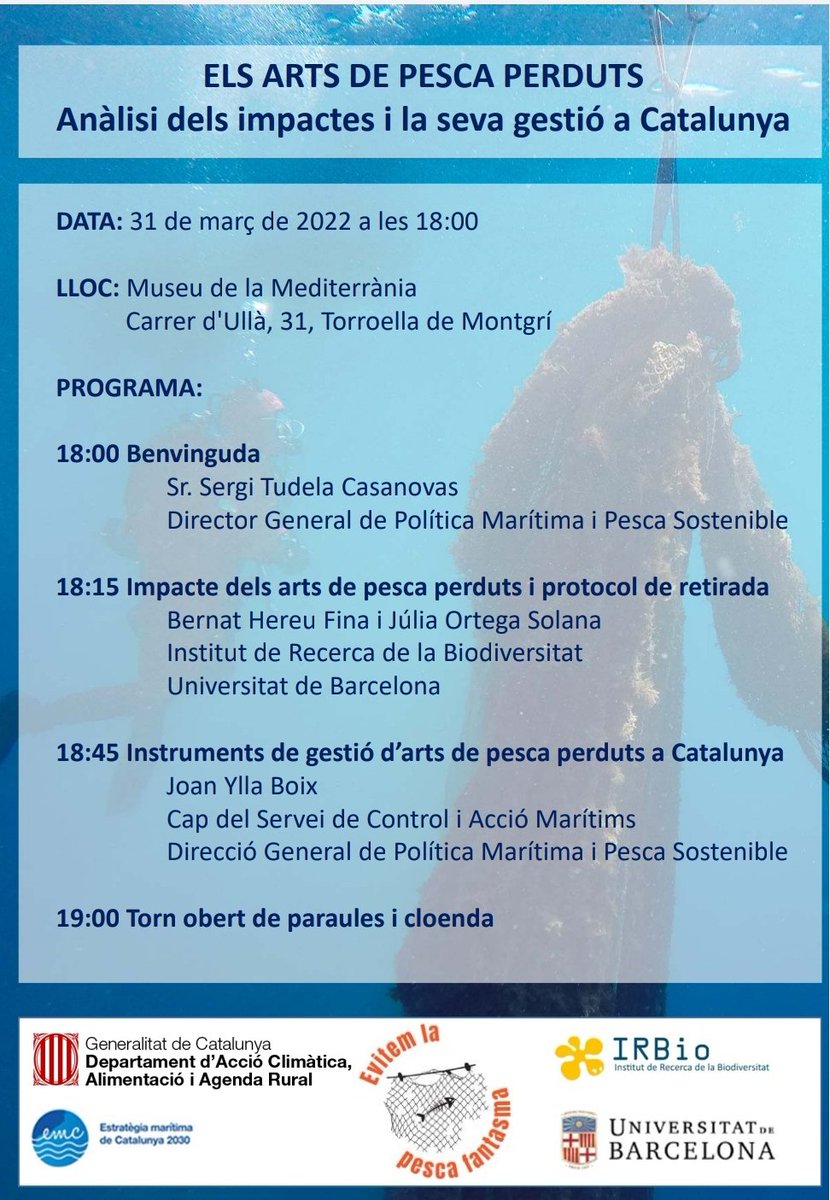 JoanYlla's tweet photo. Revisió dels impactes i la gestió dels arts de pesca perduts a Catalunya. @BHereu @agriculturacat @IRBioUB #pescafantasma #ghostfishing https://t.co/PxMyrQHEsj
