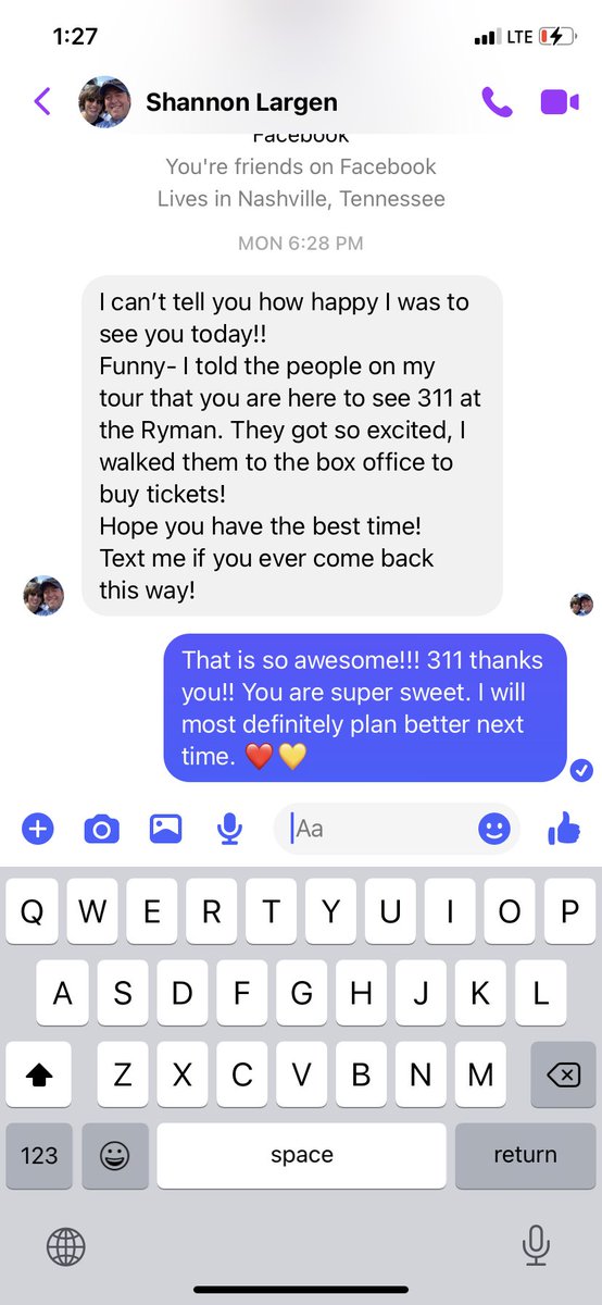 dukebd32's tweet photo. @pnut @NickHexum @311 I told her why I was in town. She was not surprised 😊 This is the message I got from her later. https://t.co/nt4p8brOR8