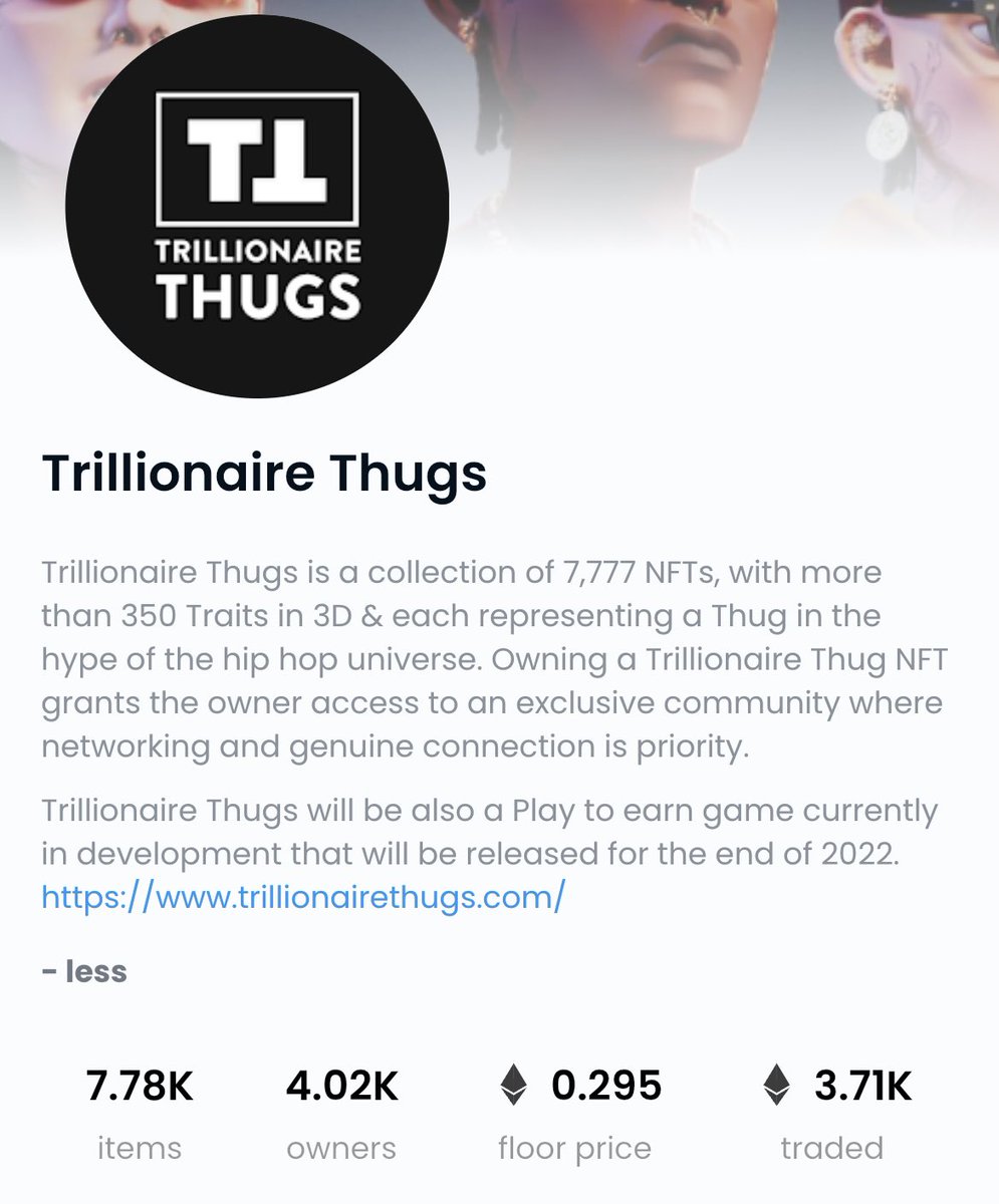 Hey <a href="/opensea/">OpenSea</a> &amp; @Tob_Opensea 

#TrillionaireThugs <a href="/TThugsNFT/">Trillionaire Thugs NFT</a> submitted their verification request over a month ago ! 

We meet ALL the requirements &amp; have over 3.71k trading volume.

 Can you please verify our collection🙏
opensea.io/collection/tri…
 #NFT #opensea