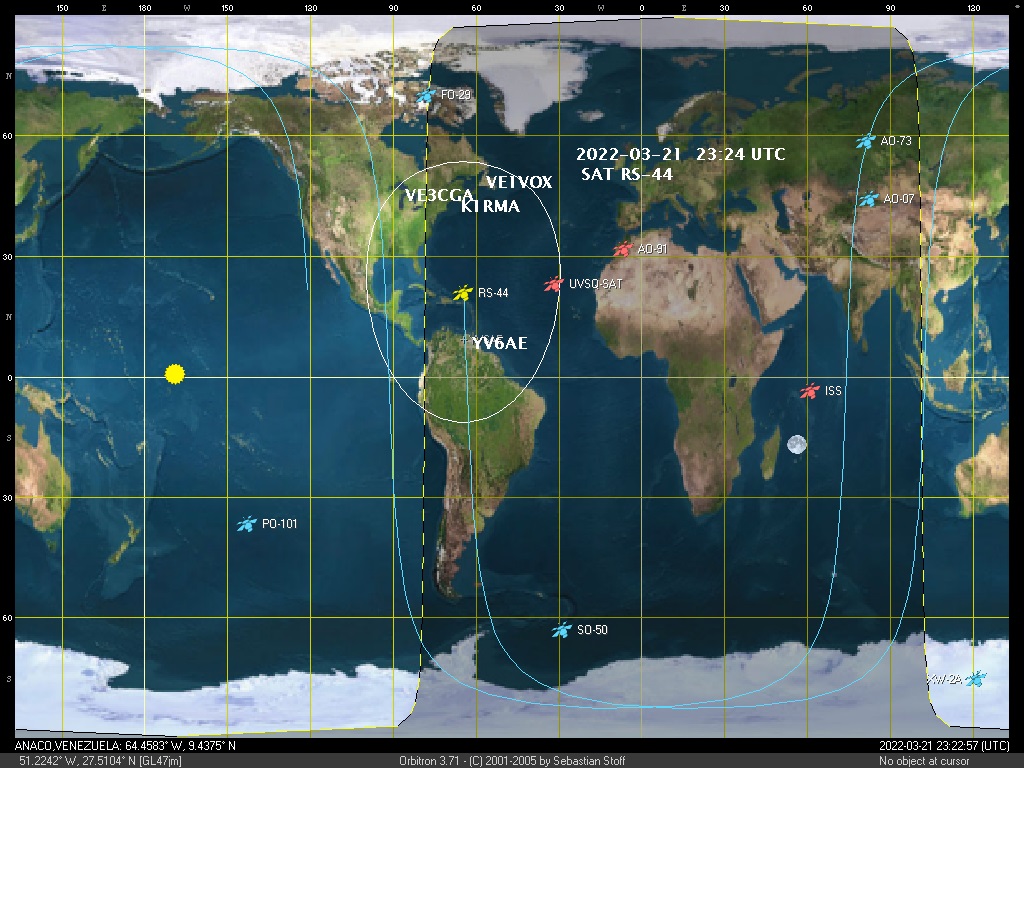 yv6ae's tweet photo. Active SAT #RS44 #amsat #hamradio .Thank you very much for the QSOs to the following station:
21MAR.2022 23:24UTC
#VE1VOX @VE1OTA
#VE3CGA
#K1RMA
from Anaco Venezuela FJ79sk .All the QSOs,has been confirmed by LoTW 73dx´s YV6AE OP:LOBSANG ACERO https://t.co/zxdeTIyJjC