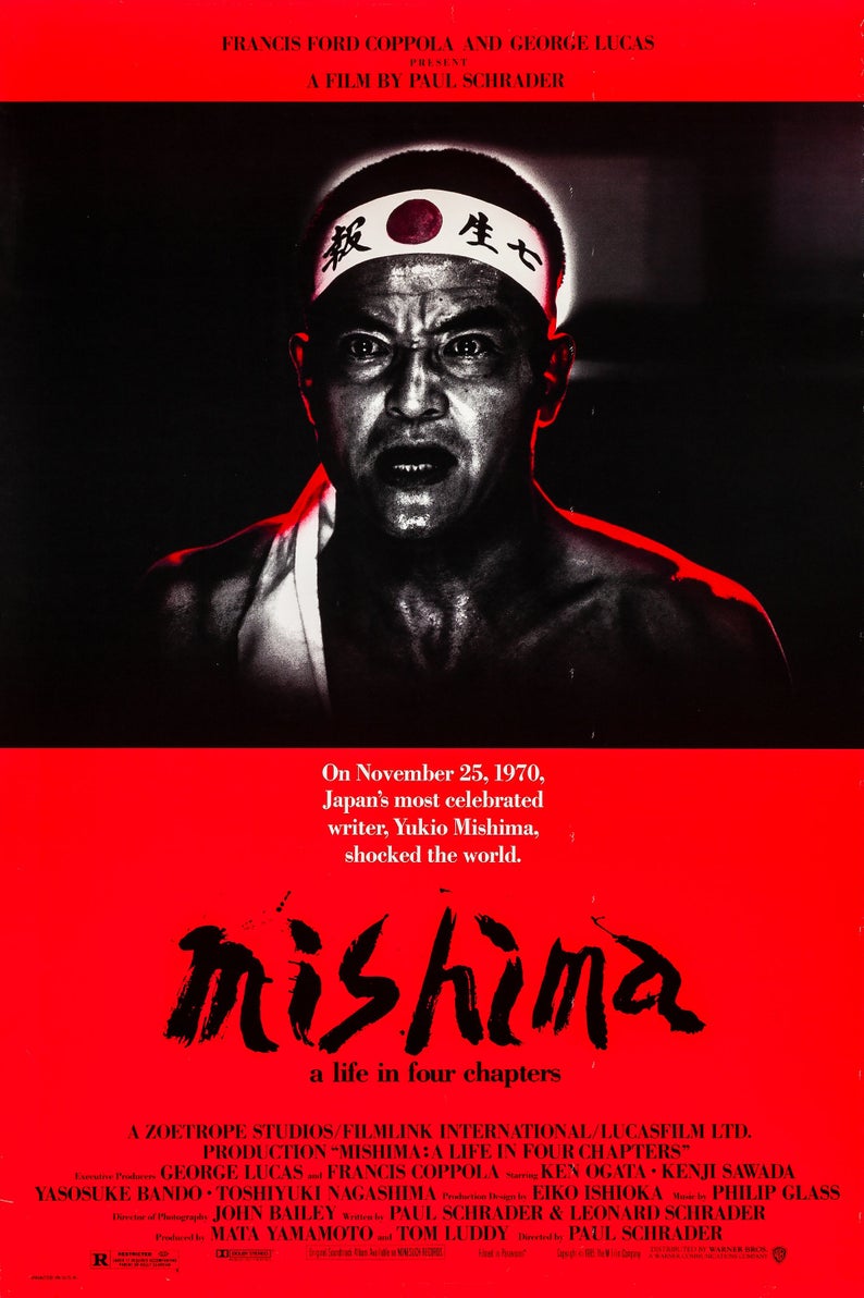Mishima: A Life in Four Chapters (1985) chronicles the life of the Japanese author through vivid adaptations of his works. Spectacular; a passion project from everyone involved.