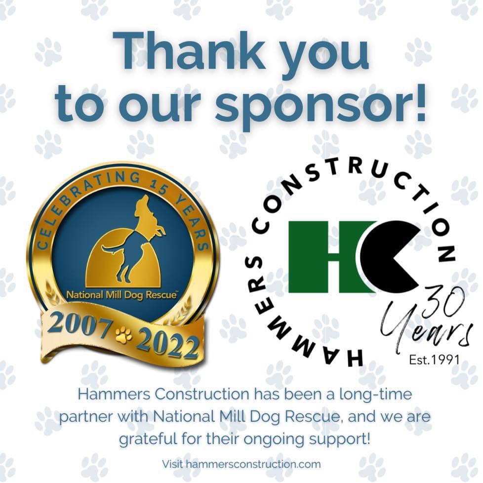 MillDogRescue's tweet photo. We’d like to thank Hammers Construction for sponsoring our upcoming 15th Anniversary Celebration as well being our contractor for our recent remodel project.
@hammers_construction_cos #15years #15thanniversary #hammersconstructioncolorado #puppymillrescue #nmdr https://t.co/jxc6VP3NYV