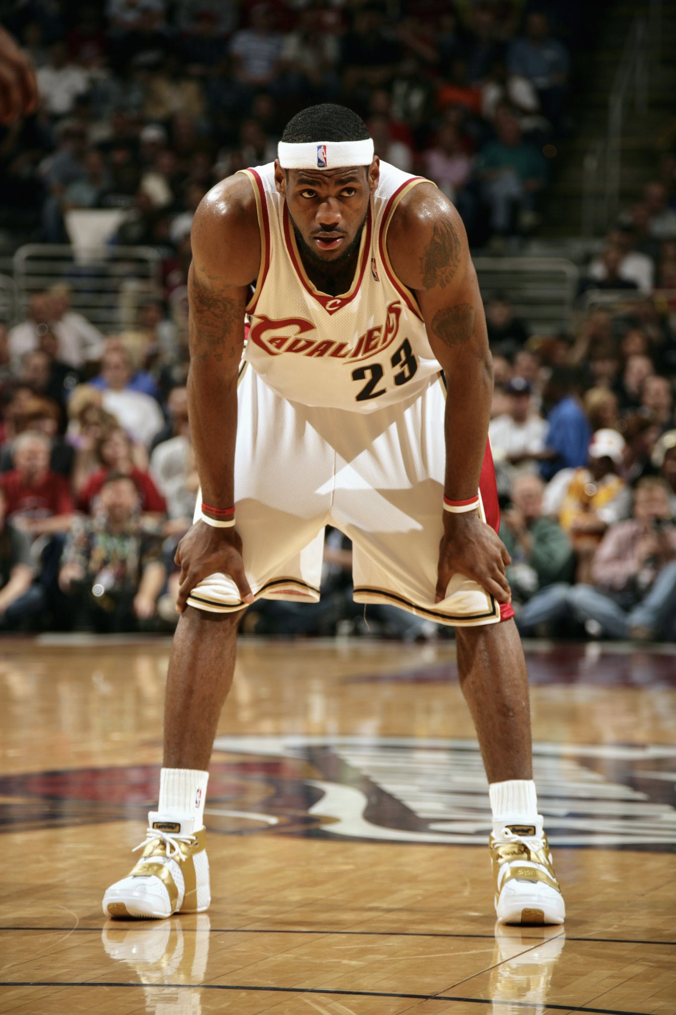 Detail view of the shoes worn by Cleveland Cavaliers forward LeBron James  (23) during the second quarter in a NBA basketball game on Christmas  against the Golden State Warriors at Oracle Arena.