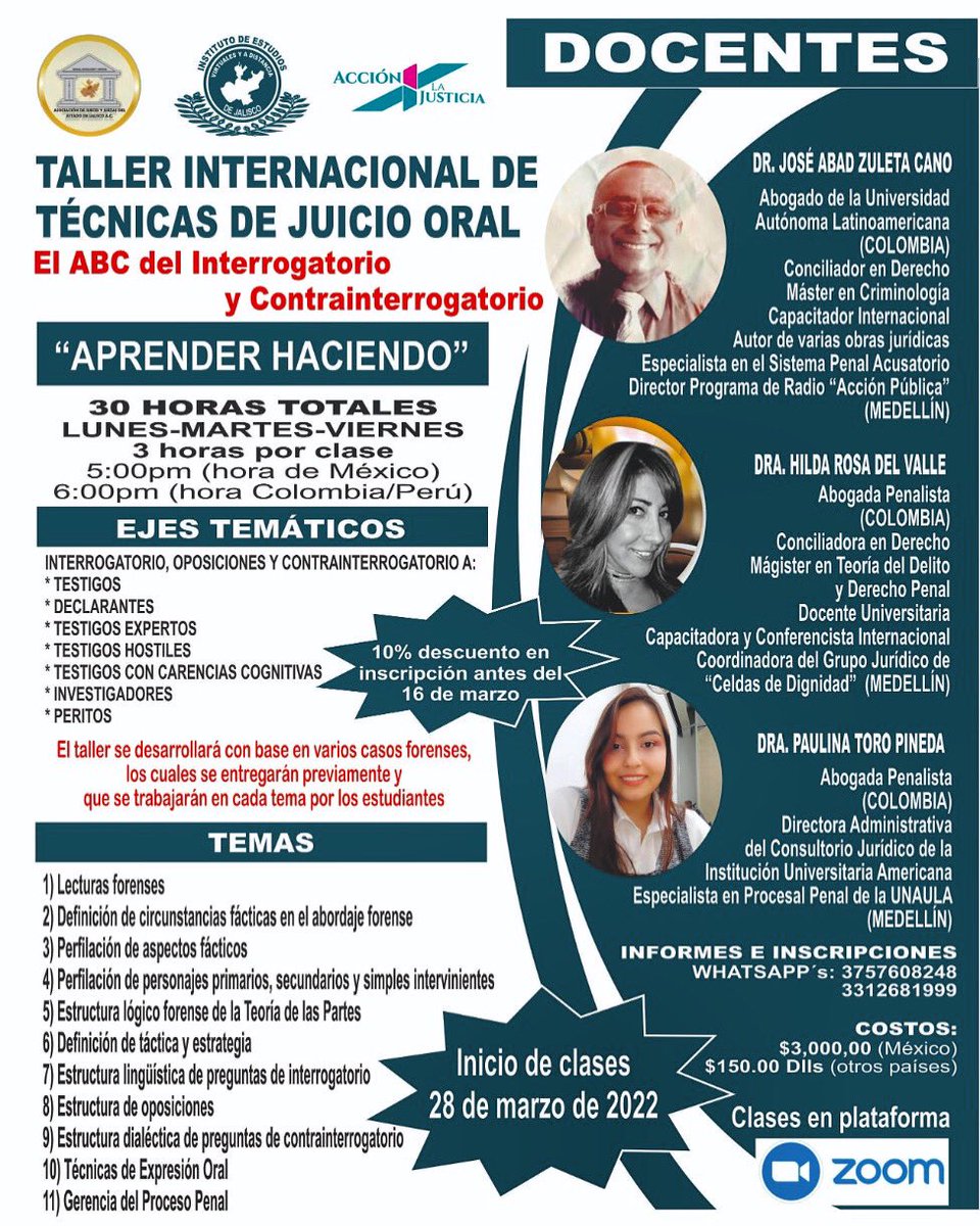 Forofederalista's tweet photo. Taller el ABC del INTERROGATORIO Y CONTRAINTERROGATORIO.

Con docentes internacionales que han capacitado abogados y jueces en otros países.

Informes manda whatsapp al 3757608248.

Se está aplicando un 30% descuento https://t.co/yQAGskq36n