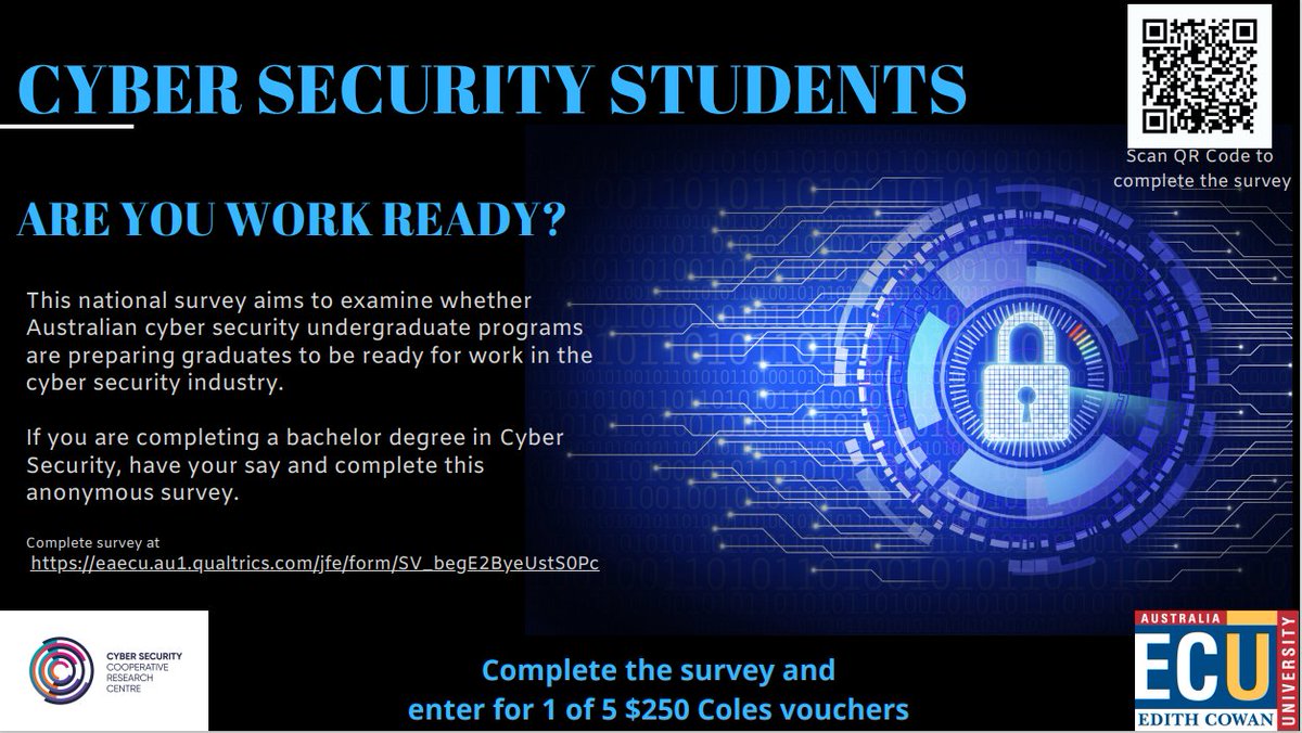 Calling all Cyber Security Bachelors students! 
Please help our @CSCRCoz PhD student <a href="/AnnaJaneGriffin/">Anna J Griffin</a> by completing her survey eaecu.au1.qualtrics.com/jfe/form/SV_be… and be in with a chance to win 1 of 5 $250 vouchers.
#cybersecuritystudents #ECU