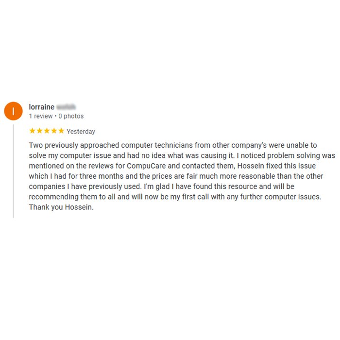 CompuCare2016's tweet photo. This is what we are proud of.
Thank you Lorraine.

#compucare #review #5Stars #technician #problemsolving #problemsolved #fixed #recommended https://t.co/8yEuSivSQV