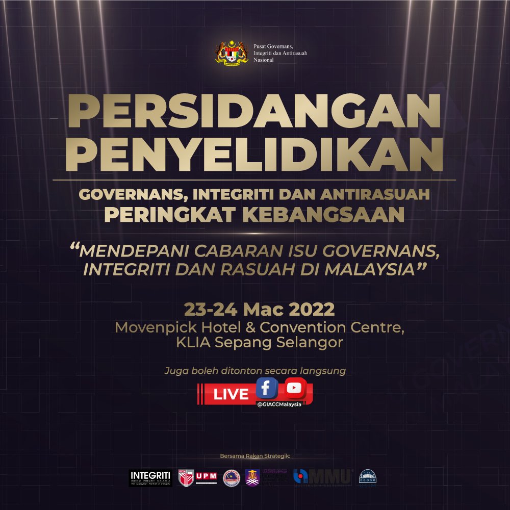 1 hari lagi sebelum Persidangan Penyelidikan Governans, Integriti dan Antirasuah Kebangsaan.

Persidangan ini akan membentangkan hasil dapatan 8 penyelidikan yang telah dijalankan oleh 5 institusi awam.

ikuti persidangan secara langsung melalui FB dan Youtube Live GIACC.