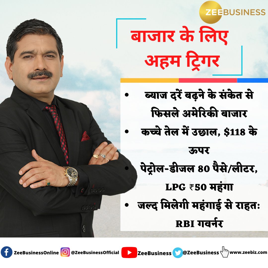 ZeeBusiness's tweet photo. @AnilSinghvi_ @deepdbhandari 🎬📊#IndianStockMarket : बाजार के लिए आज अहम ट्रिगर...

#JeromPowell #PetrolDieselPriceHike #StockMarket https://t.co/pWxNMf8WTO
