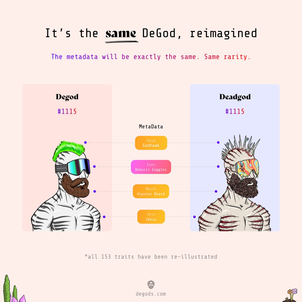 DeGodsNFT's tweet photo. 2. DeadGods are a 1:1 fine-art versions of the original DeGods.

We have recreated every single one of the original 153 attributes.

The original DeGod rarities will stay intact, because the metadata will remain exactly the same. https://t.co/6ViEJYl1IW