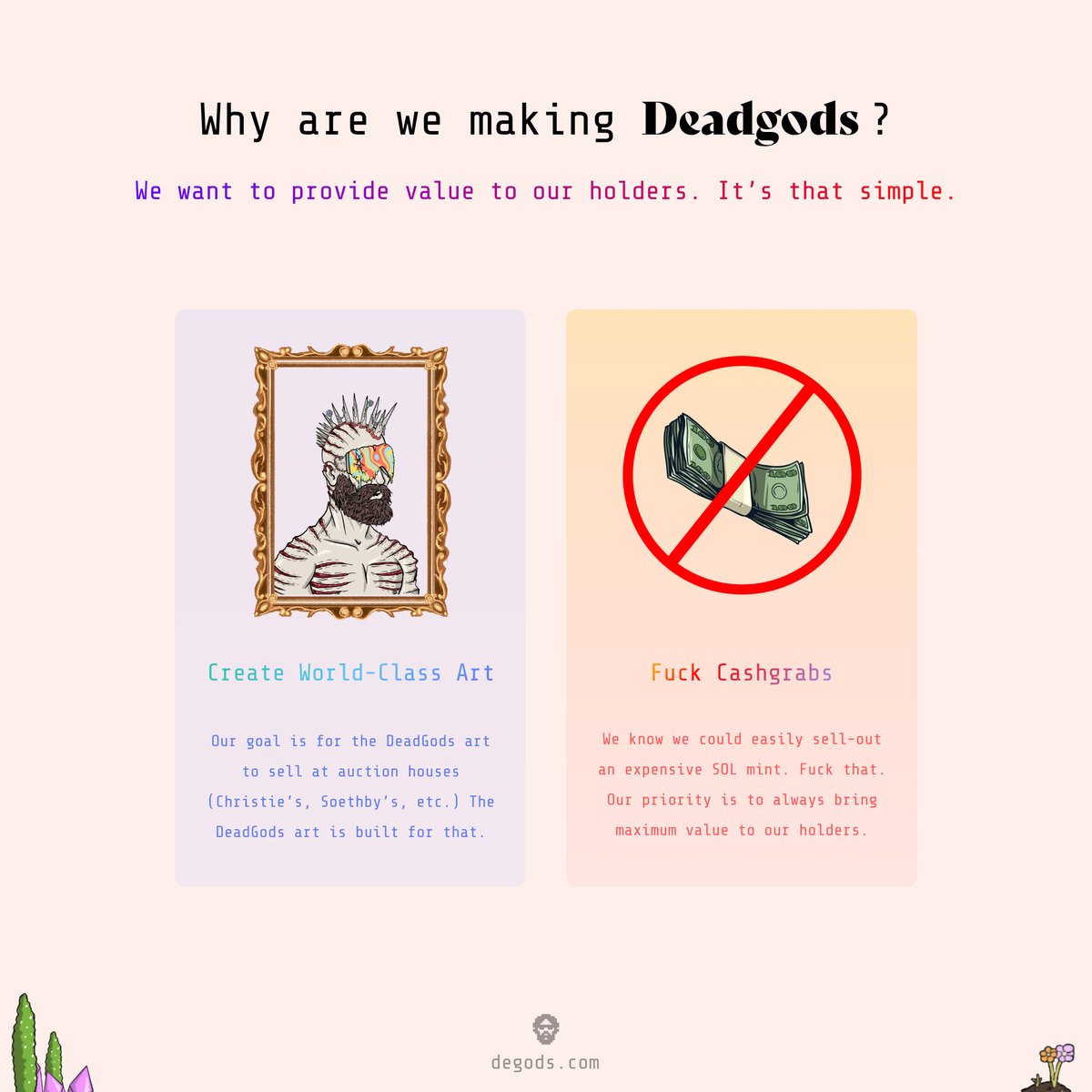 DeGodsNFT's tweet photo. 4. We are making DeadGods to elevate DeGods.

We want our holders to own the best art, get the most utility, and have the most fun. 

We want DeGod holders to literally feel like gods. https://t.co/ajrT684WqA
